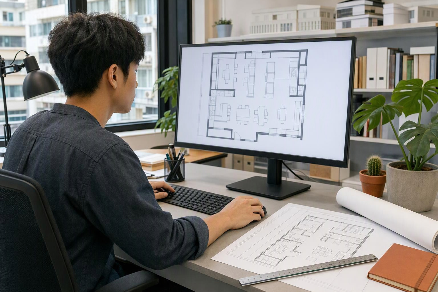 設計人員使用電腦繪製餐廳平面圖