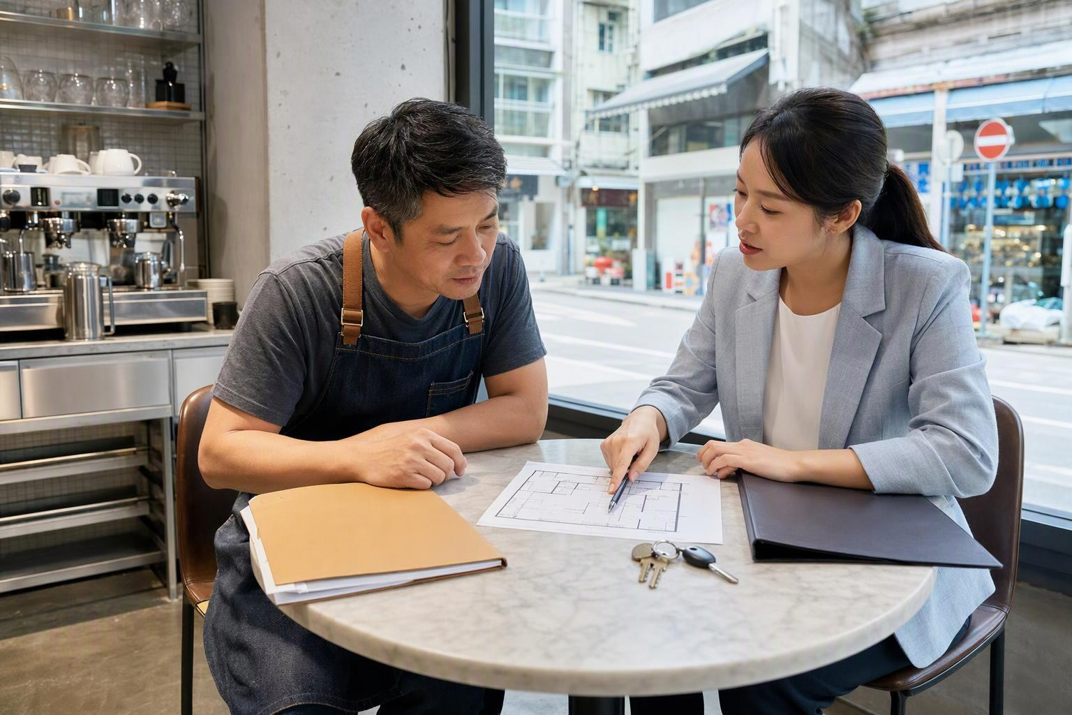 東主與顧問商討店舖頂手文件