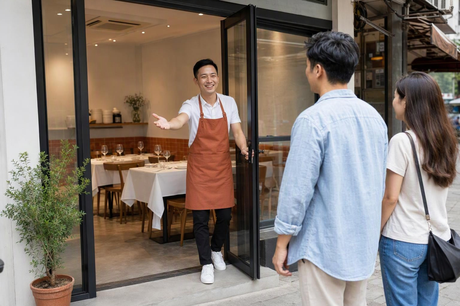 食肆店主打開玻璃門迎接首批客人